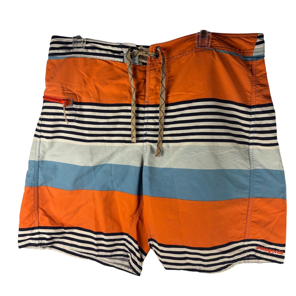 Patagonia Mens 36 Striped Board Shorts Orange Blue Swim Trunks 8 In Surf
